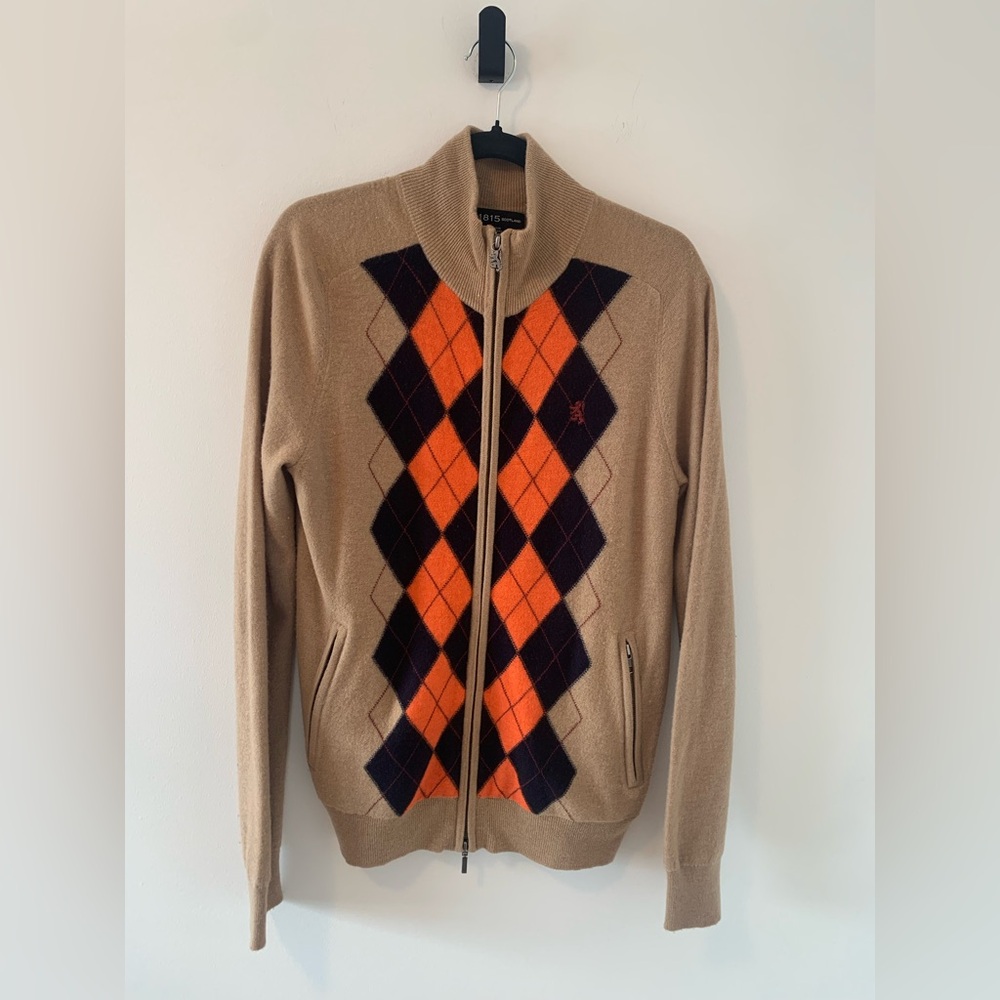 Vintage Pringle of Scotland Men’s Merino Wool Full Zip Argyle Tan Sweater Sz M